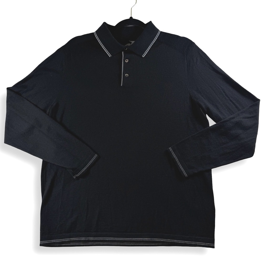 Raffi Mens XL Black Wool Blend Polo Sweater Long Sleeve Tipped Preppy Knit